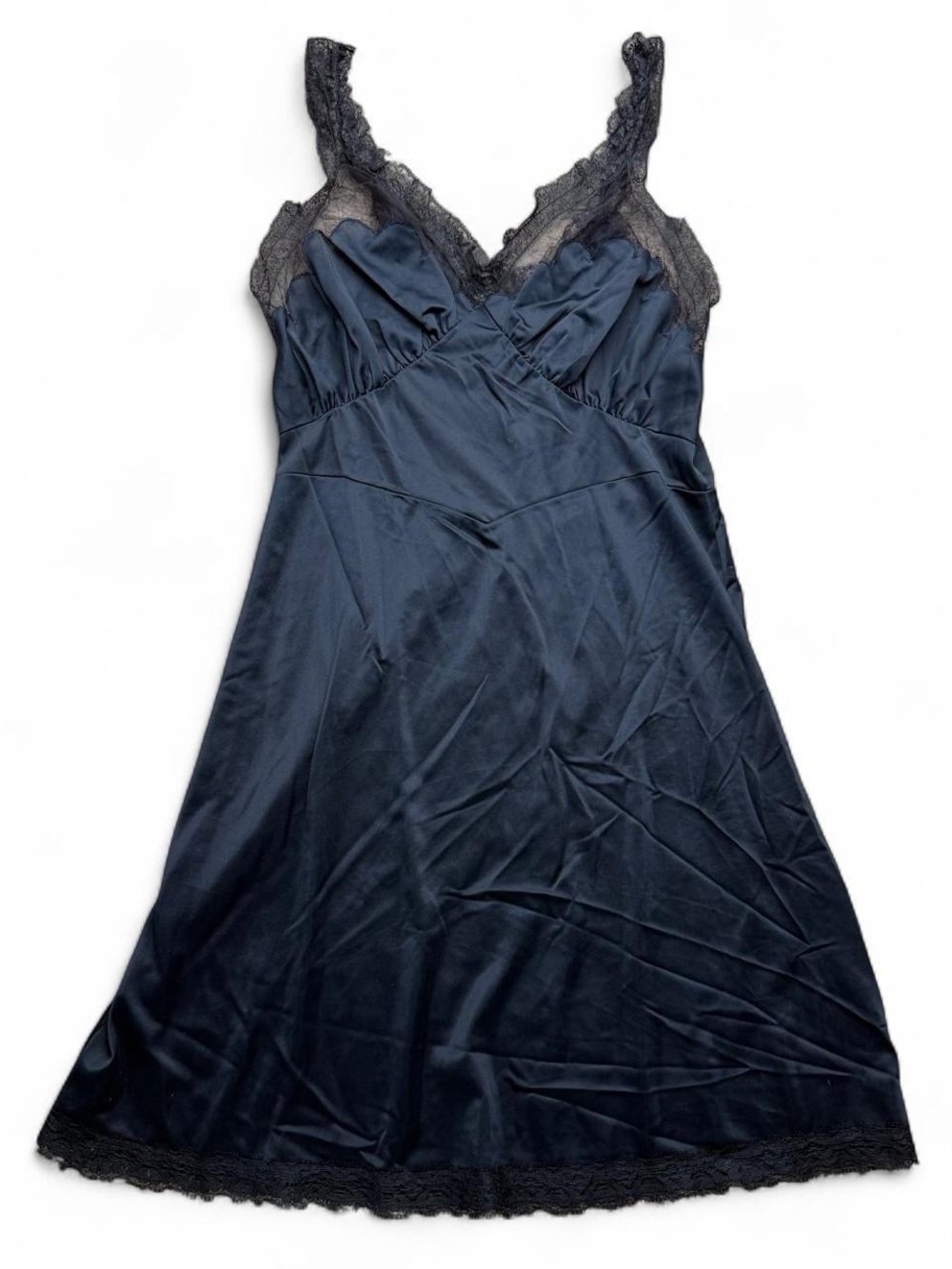1970-1980 Vintage Shadowline Black Nylon Lace Slip Dress 34